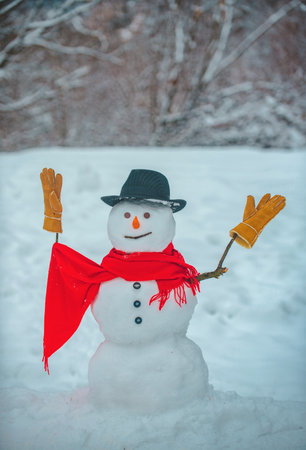 Christmas background with snowman. Funny snowmen. Happy smiling snow man on sunny winter day. Snow men. Happy snowman standing in winter Christmas landscape.の写真素材