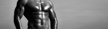 Banner templates with muscular man, muscular torso, six pack abs muscle. Black and white. Muscle body of strong man.の写真素材