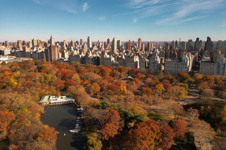 Autumn Central Park in New York with skyscrapers view from top. Aerial of NYC Central Park panorama in Autumn. Autumn in Central Park. Autumn NYC. Central Park Fall foliage.の写真素材