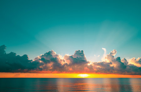 Sunrise sea on tropical beach. Landscape of beautiful beach. Beautiful sunset at sea. Colorful ocean beach sunrise. Ocean sunset on sky background with colorful clouds.の写真素材
