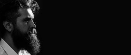 Closeup profile of bearded man with classic black long beard, bearded gay. Barber barbershop. Mustache men, serious face close up. Templates web banner design. Banner for website.の写真素材