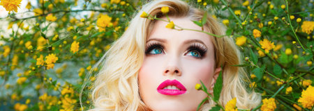 Spring woman face for banner. Bright make-up woman at blossom field. Blond girl with professional...