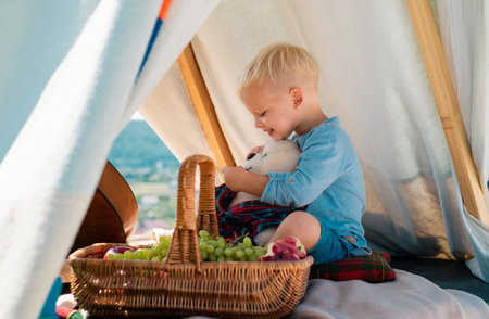Kids camping. Happy kid in tent. Boy playing in tent. Having fun outdoors. Campground.の写真素材