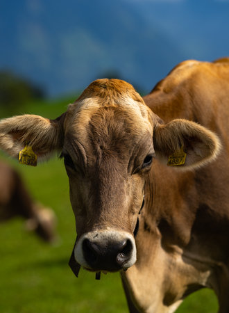 Cow is looking at camera. Close-up cows face. Pasture for cattle. Cow in the countryside. Cows graze on summer meadow. Rural landscapes with cows. Cows in a pasture.の写真素材
