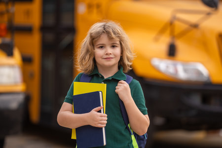 Schoolkid getting on the school bus. American School. Back to school. Kid of primary school. Happy...