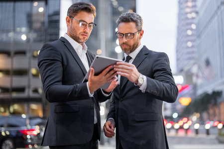 Business man in night Ney York. The two business teams men team using tablet laptop outdoor. Businessmen looking tablet with business success in night city. Night business.の写真素材