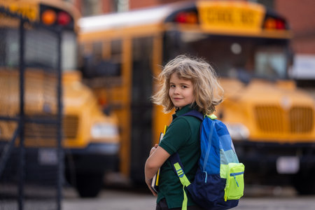 Child go to school. Schoolboy getting on school bus. American School. Happy children ready to study. Learning in USA. First day of primary school.の写真素材