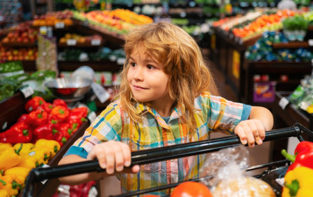 Child boy is shopping in a supermarket. Kids shopping in supermarket.の写真素材