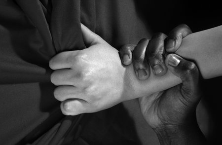 Sensual couple sex. Man and woman hands. Tender passion. Having sex on bed. Make love.の写真素材