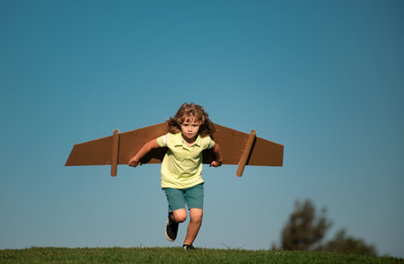 Child playing with cardboard toy wings in the park. Concept of children day. Kid boy in an pilot...