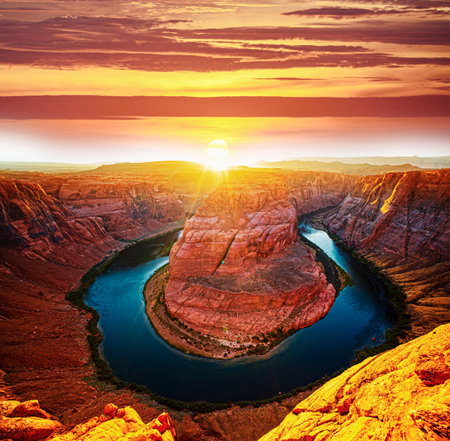 Beautiful sunset on Horseshoe Bend. Grand canyon, Glen Canyon, Arizona.の写真素材