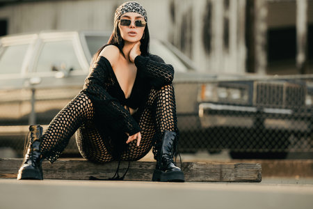 Fashion sexy girl, american fashion street girl. Outdoors Portrait of fashionable woman in street style. Fashion woman. Modern generation. Fashion and Vogue street style.の写真素材