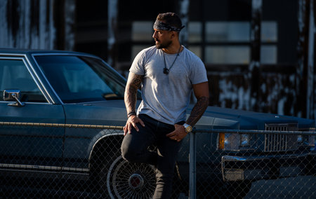 Man street gang, social problem. Criminal gang, social criminal gang. Gangster, Angry Man on urban street. Dangerous aggressive man. Criminal city. Danger american district. Aggressive man.の写真素材