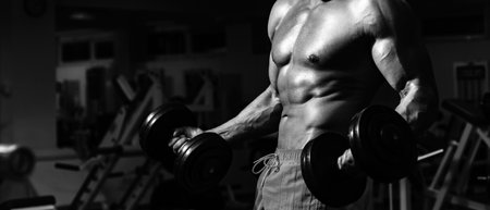 Banner templates with muscular man, muscular torso, six pack abs muscle. Guy in gym. Sporty male with naked torso. Workout. Exercises with dumbbells. Powerful athletic body. Sportsman.の写真素材