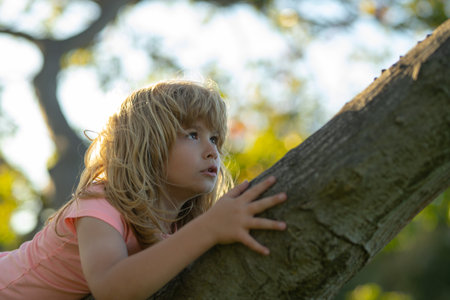 Kid boy playing and climbing a tree and hanging branch.の写真素材