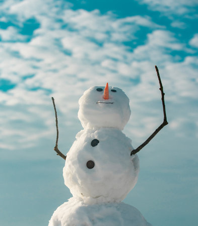 Funny snowman in stylish hat and scarf on snowy field. Snowman wish you merry Christmas. Handmade...