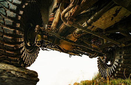 Car tires concept on off road. Shock absorber. Offroad car on bad road. SUV race on dirt. Off road vehicle coming out of a mud hole hazard.の写真素材