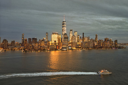 NYC skyline. Manhattan view from New Jersey, NYC skyscraper. Drone aerial view of New York City. Big...