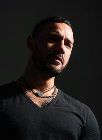 Emotional cry man, upset guy. Pensive man feeling stress. Lonely frustration man.の写真素材