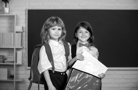 School friends learning together. Cute little school kids friends studying together in classroom. Friendship in school, classmate concept.の写真素材