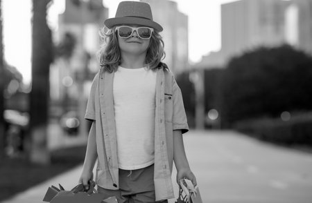Fashion kid with shopping bags. Child in trendy hat and shirt shopping near shopping center. Happy boy holding shopping bags at the mall. Funny little customer. Street outfit, kids sales.の写真素材