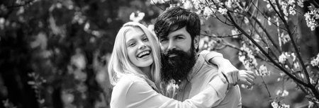 Spring couple in love, banner. Romantic couple in love feeling happiness. Young lovely couple...