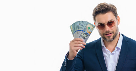 Business man with money banknotes, banner. Male entrepreneur with dollar bills. Lucky boss,...