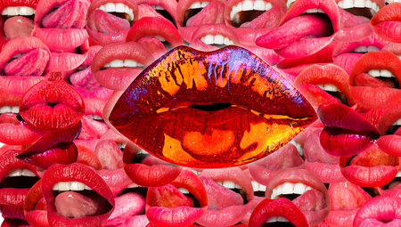 Creative art design with sensual lips. Abstract lip artwork. Lips, female mouth texture pattern. Red lip.の写真素材