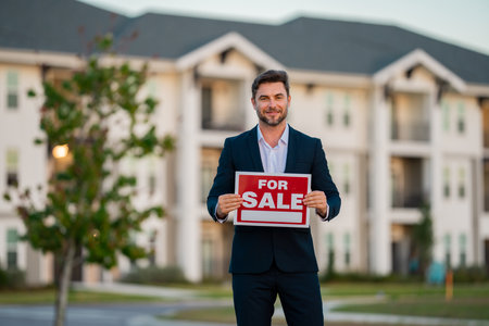 House seller, real estate agents hold sign for sale. Housing estates in the project, buying and selling housing estates. Real estate trading ideas and bank loans for buying and selling houses and land.の写真素材