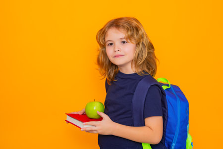 Back to school. School child from elementary school with book and apple isolated on yellow...