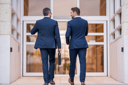 Businessmen communicating at meeting. Two businessmen discussing outdoor during business meeting. Businessmen talking. Business partners walking outdoor. 40s businessman walking by street.の写真素材