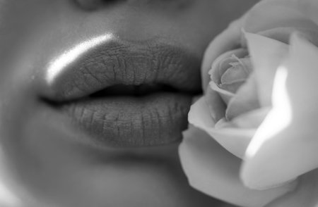 Close up photo of womans lips with natural make up. Beautiful woman lips with rose.の写真素材