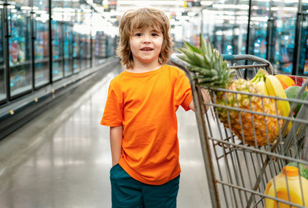 Funny boy with shopping cart full of fresh organic vegetables and fruits standing in grocery department of food store or supermarket. Boy grocery shopping at the supermarket sitting in the cart helping his mother.の写真素材