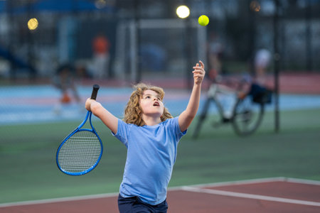 Child boy playing tennis on court. Blonde little boy hit tennis ball with tennis racket. Active...