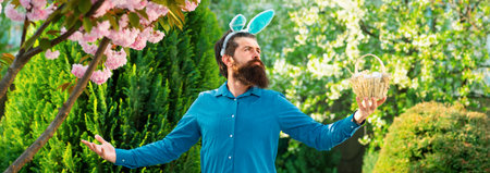 Easter egg hunt concept. Humorous series of a man in bunny suit. Good for Easter or ironic situations. Bunny man having fun in park. Banner.の写真素材