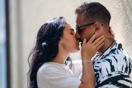 Loves kiss. Couple in love kissing. Passionate kiss. Romantic moment. Tender lovers. Couple embrace and kissing. True love. Loving kissed. Dreamy kiss. Romantic gesture. Love in a kiss.の写真素材