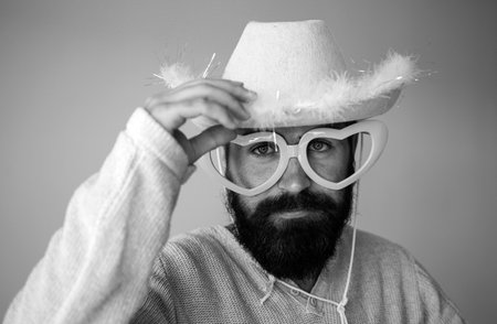 Man beard and mustache face wear funny big eyeglasses. Funny man face. Bearded man in big glasses. Funny guy in big eyeglasses.の写真素材