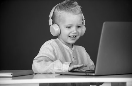 Small boy in headphones watch video lesson on computer in school, child in earphones have online lesson, using laptop. Remote study and education.の写真素材