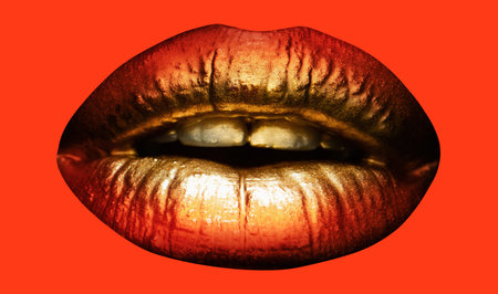 Gold, sexy female golden lips on red. Sensual lips, sexy mouth.の写真素材