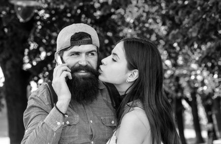 Spring love. Lovely couple outdoor. Summer walk in park. Love and tenderness.の写真素材