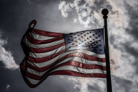 American election and vote concept. Waving american flag on sky background. Grunge American flag. US...