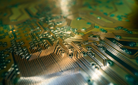 Electronic circuit board closeup. Electronic motherboard card. Circuitry and close-up on electronics. Background of electronics on board electrical circuits, technology texture.の写真素材