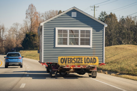 Oversize load home. Manufactured house transported on the highway. Mobile Home oversize load on the...