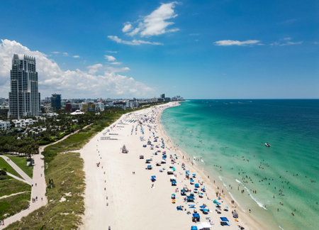 Miami beach, ocean drive summer cityscape. Miami Beach, South Beach, Florida, USA. Coastline, aerial view. Aerial view of high skyscrapers and ocean, Miami Beach, Florida, United States.の写真素材