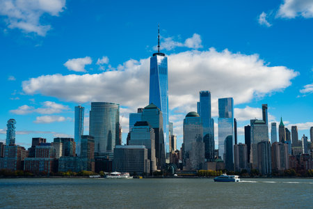 NYC, NY. New York City Skyline with Urban Skyscrapers USA. Lower Manhattan and One World Trade...