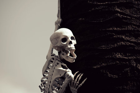 Halloween skeleton on palm tree. Skeleton for Halloween decorations in Florida or California. Trick or treat. Skeletons background. Trick or treat. Halloween background. Holiday of Halloween.