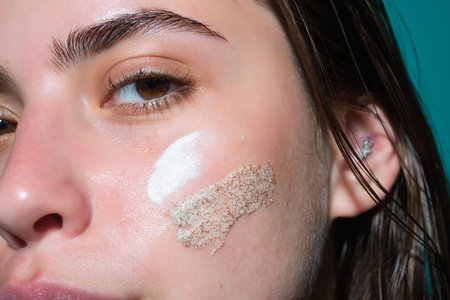 Skin care, skincare concept. Beauty Skin Care. Cream On Female Cheek. Face and body skin care products. Cosmetics for women skincare product. Moisturizing and skin care. Beauty skincare cosmetics products.の写真素材