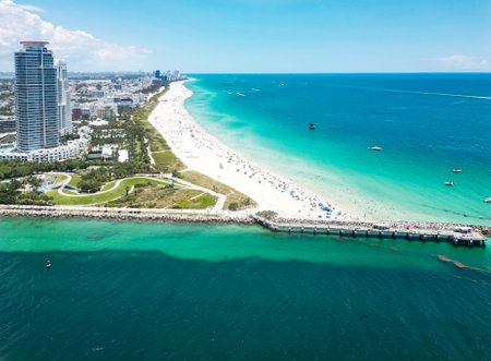 Aerial view of Miami Beach city, Florida, United States. Drone shot of Miami on sunny day. Miami...