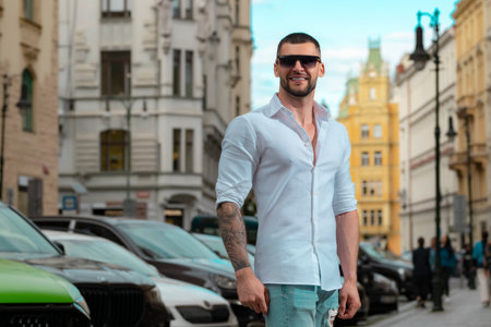 Portrait of the handsome man. Hipster guy model outdoor. Young fashion man in sunglasses in the city. Confident male model. Man looking proud. Attractive man on europe street. Elegant guy.の写真素材