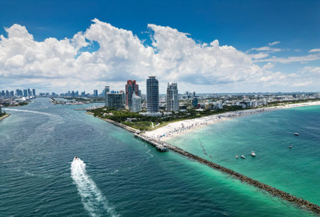 Summer in Miami . Miami beach coastline. Panoramic view of Luxury condos in Miami Beach Florida. Aerial View of Surfside Miami Beach.の写真素材